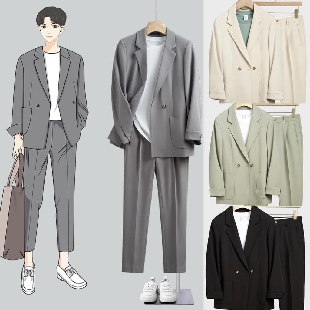 SEOULSHIRTS PREMIUM ชุดเซ็ท เสื้อสูท Blazer + กางเกงขายาว รุ่นสีพื้นกระดุมคู่ สไตล์เกาหลี ผ้าหนา ทรงสวย SET05