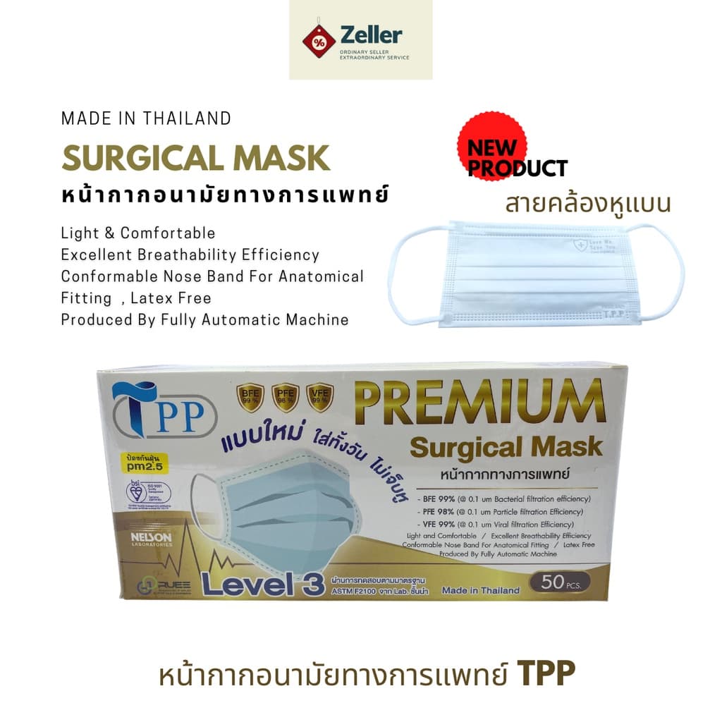 TPP Surgical mask แบบสายคล้องหูแบน หน้ากากอนามัยทางการแพทย์แท้100% แมสทางการแพทย์ 3 ชั้น หน้ากากอานามัย แมสก์…
