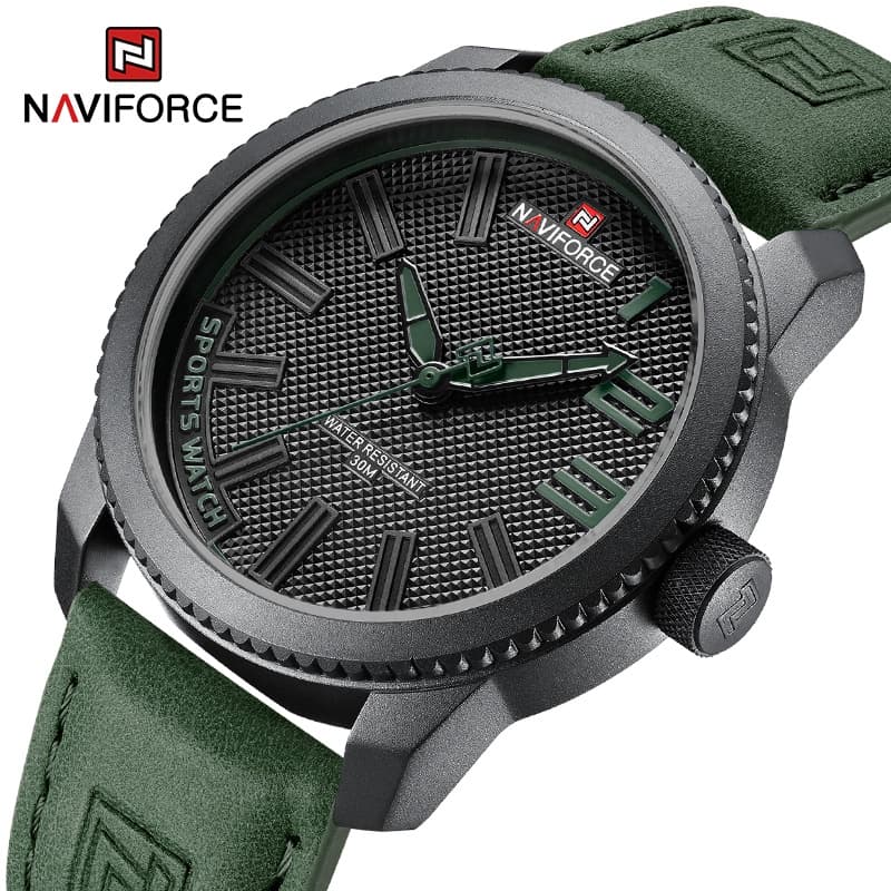 NAVIFORCE ทหารกีฬาสายหนังกันน้ําผู้ชายนาฬิกาแฟชั่นสีเขียวนาฬิกา Relogio Masculino