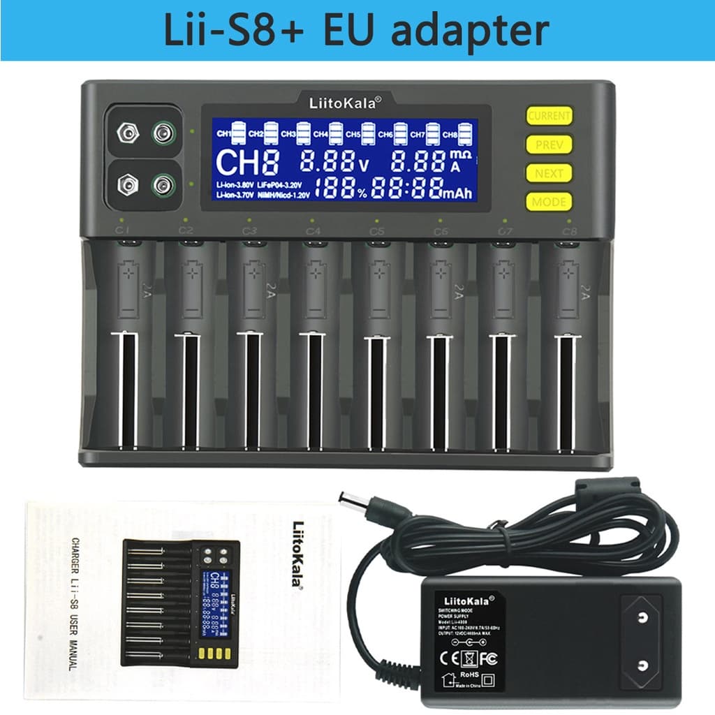 เครื่องชาร์จถ่าน LiitoKala Lii-S8 ชาร์จได้ 8 ก้อน รองรับ 26650,21700,20700, 18650, 18490, 18350 AA AAA…