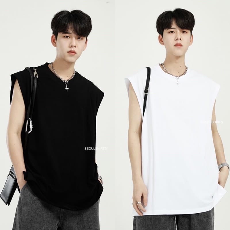 เสื้อยืดแขนกุด เสื้อแขนตัด สไตล์เกาหลี ใส่อยู่บ้าน-เที่ยว ผ้า Cotton 100% ทอพิเศษ หนานุ่มใส่สบาย B1