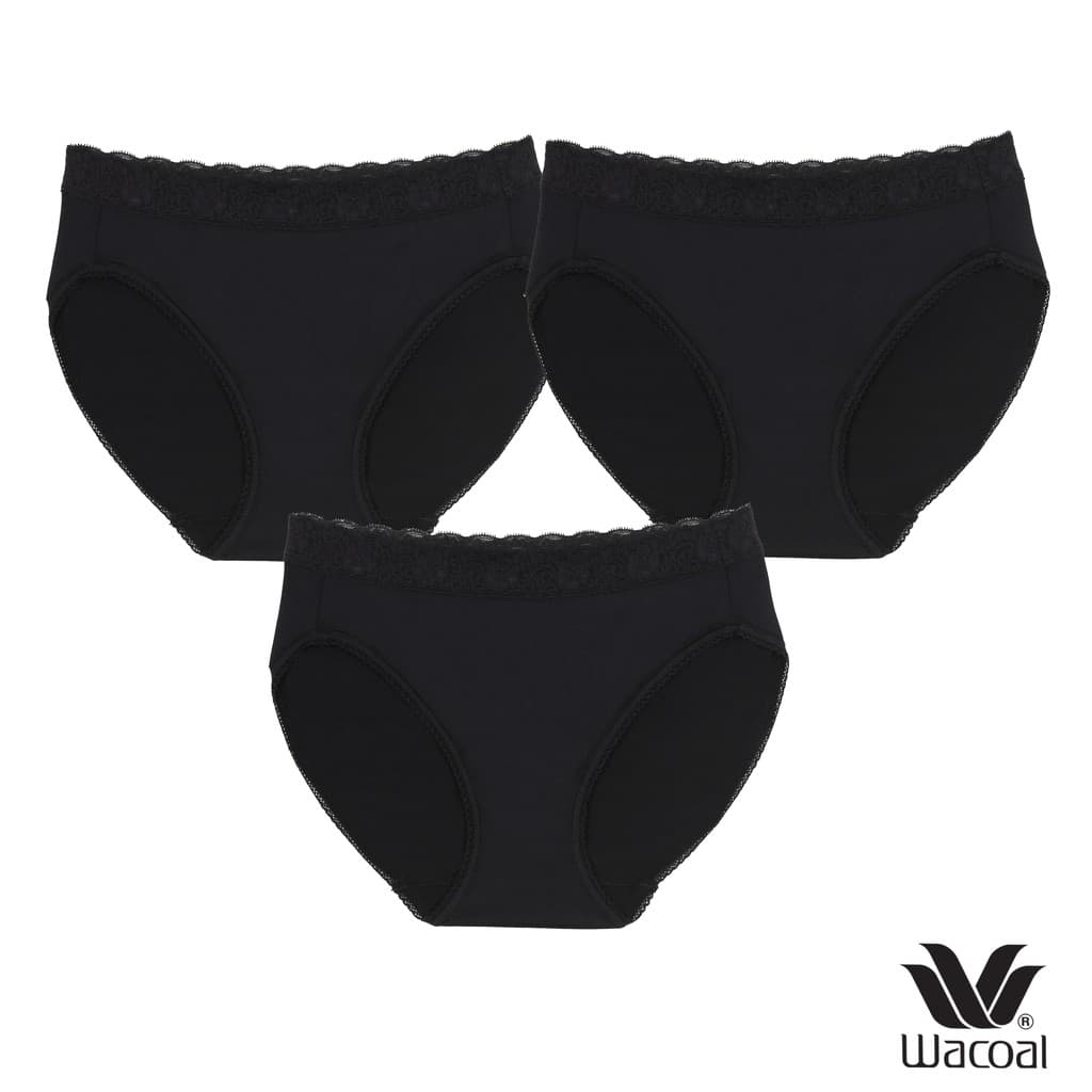 Wacoal Surprise Panty กางเกงในใส่สบายวาโก้ รูปแบบ Bikini ขอบลูกไม้ แพ็ค 3 ชิ้น รุ่น WU1C35/WU1T35 สีดํา (BB)