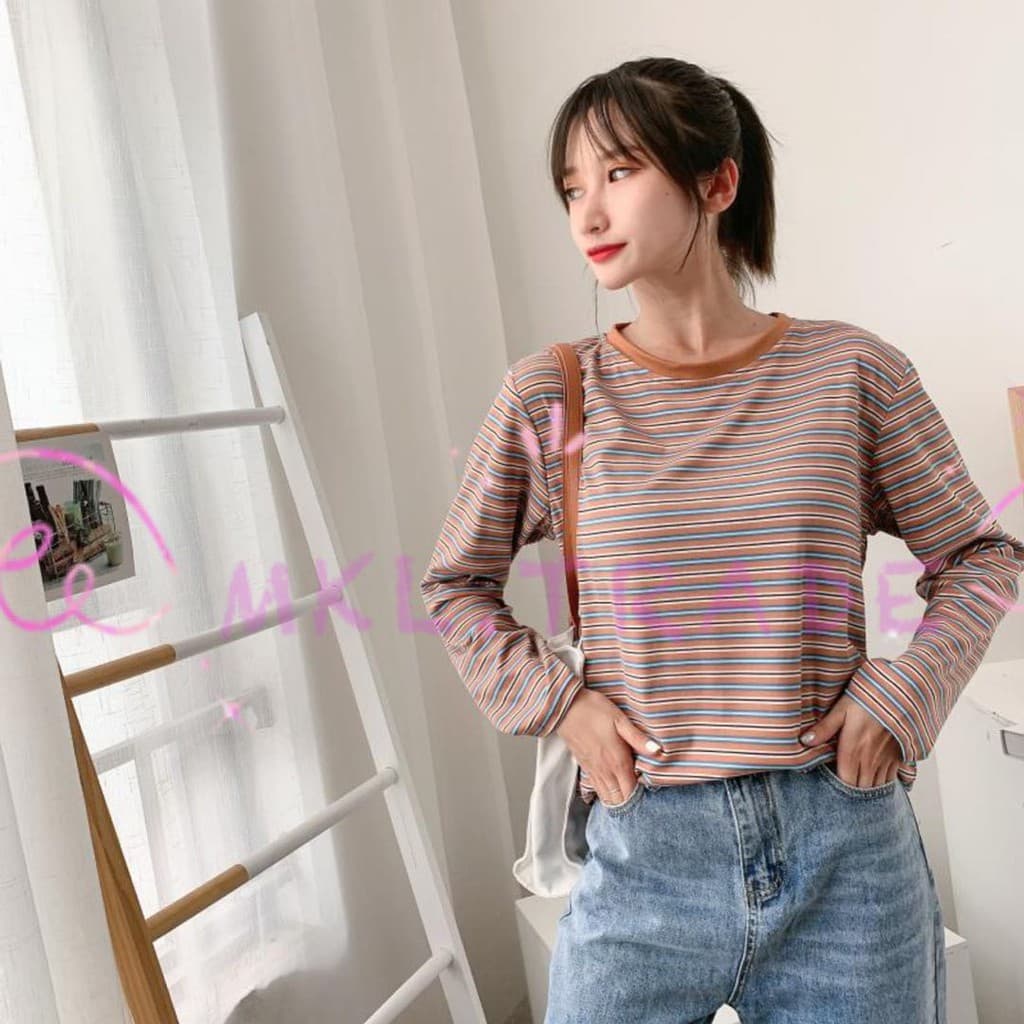 MKL เสื้อยืด คอกลม แขนยาวลายทาง #9307