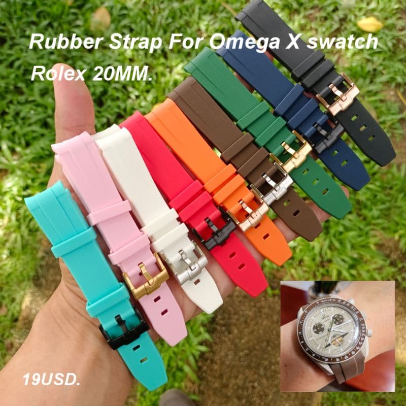สายนาฬิกา หัวโค้ง มี20สี สําหรับ OmegaXSwatch,Rolex 20mm. เลือกสีหัวเข็มขัดได้ ฟรีสปริงบาร์ และปากกาถอดสาย