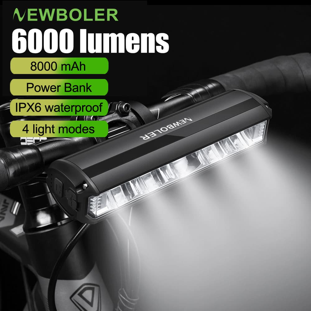 NEWBOLER 6000 Lumen ไฟจักรยาน USB ชาร์จ 8000mAh ไฟหน้าจักรยาน IPX6 กันน้ําด้านหน้าไฟกระพริบอลูมิเนียมกรณีจักรย…