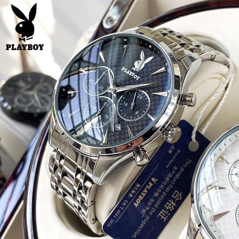 Playboy นาฬิกาผู้ชาย กันน้ํา 100% พร้อมกล่อง เรืองแสง ดํา ขาว น้ําเงิน ดําล้วน สายสเตนเลส นาฬิกาควอตซ์…