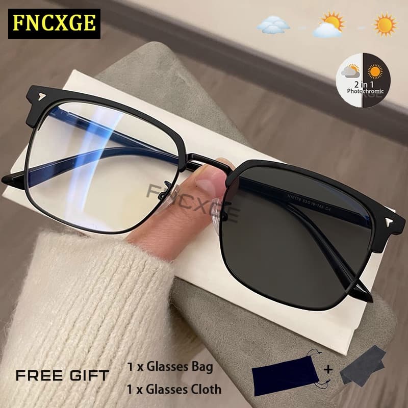FNCXGE แว่นสายตาสั้น ยตาสั้นเลนส์ออโตเมติก ครึ่งเฟรม แว่นตาสายสั้น ป้องกันรังสี แฟชั่น สไตล์เกาหลี…