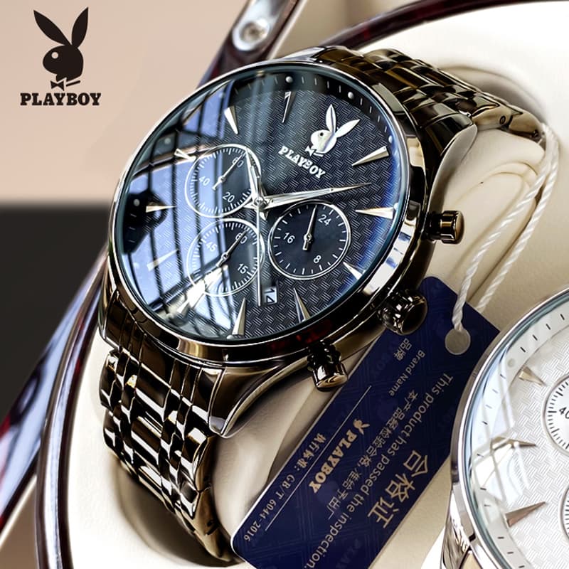 PLAYBOY นาฬิกา ผู้ชาย แฟชั่น watch 100% แท้ นาฬิกาข้อมือกันน้ําได้ ควอตซ์ สายสเตนเลส สีดํา มัลติฟังก์ชั่น…