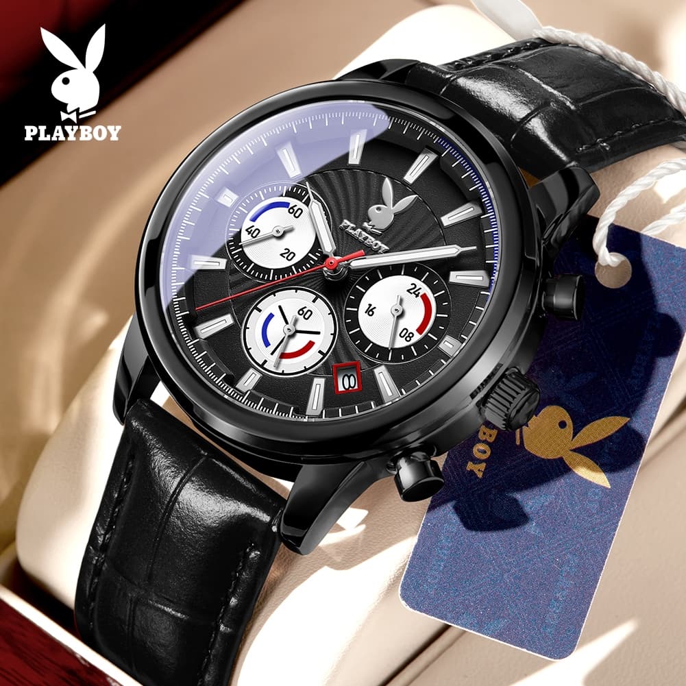 PlayBoy นาฬิกา ผู้ชาย แฟชั่น watch 100% แท้ นาฬิกาข้อมือกันน้ําได้ ควอตซ์ หนัง เรียบง่าย หรูหรา สีดํา…