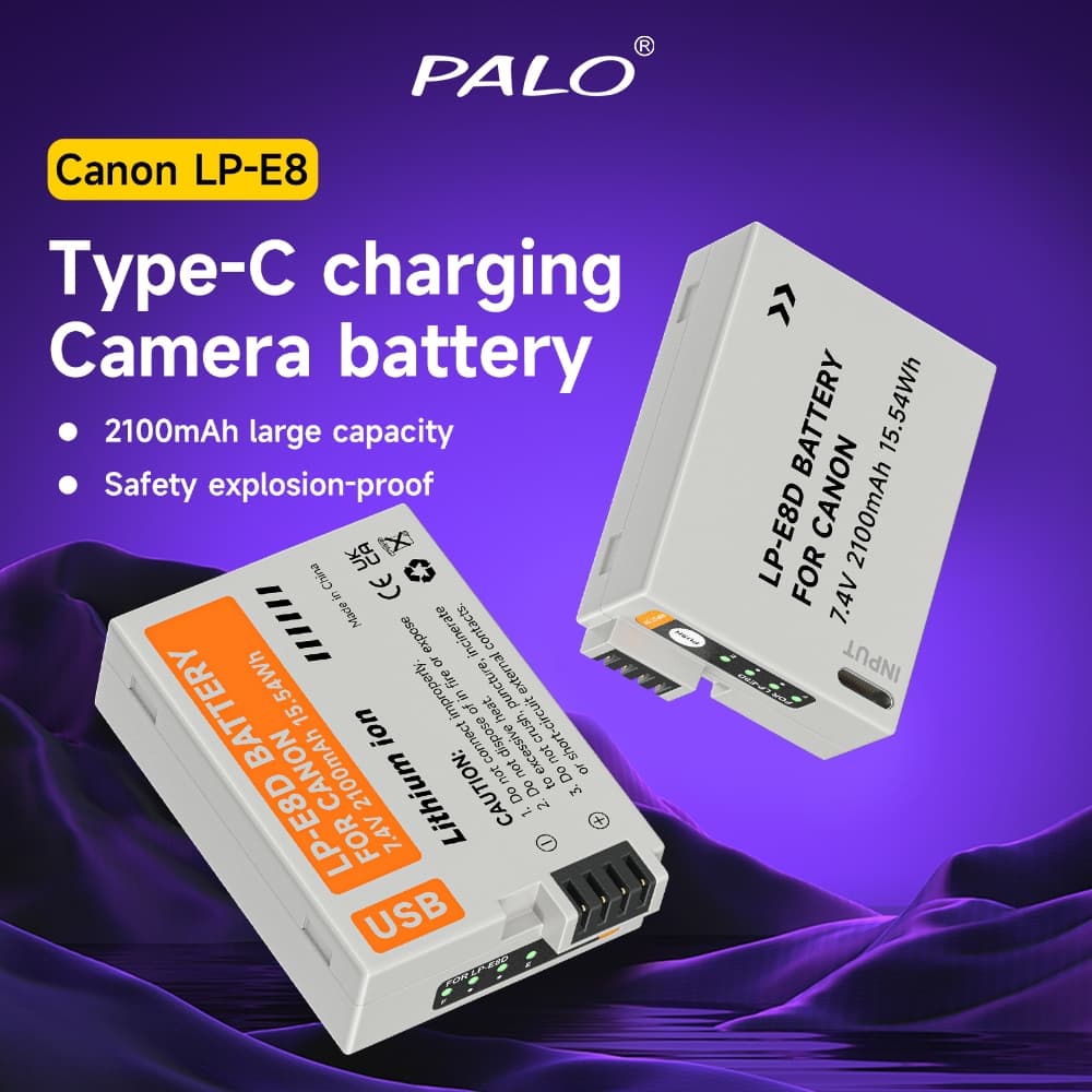 Palo แบตเตอรี่กล้อง LP-E8 2100mAh Type-C พร้อมไฟแสดงสถานะ สําหรับ Canon EOS 550D 600D 650D 700D