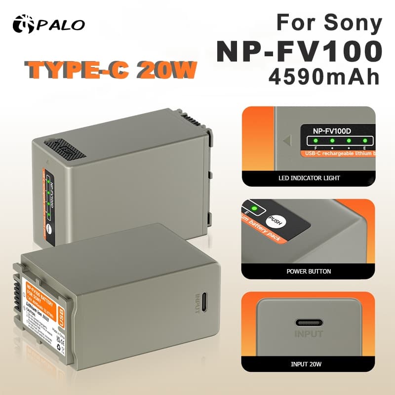 Palo NP-FV100 แบตเตอรี่กล้อง Type-C 20W สําหรับ Sony CX900 CX675 CX675E CX300 CX360V AX100 AX700 NEX-VG10