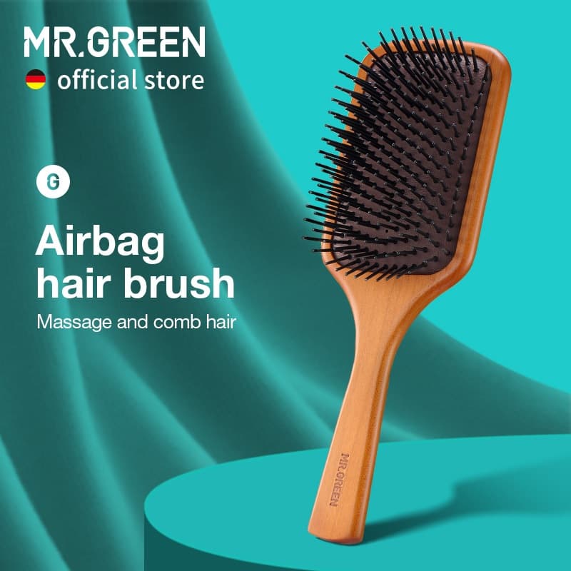 Mr.green แปรงผมธรรมชาติ Maple กว ้ างนวดหนังศีรษะหวี Air Cushion Anti-Static Detangle แปรงสําหรับหยิกผมยาวทั…