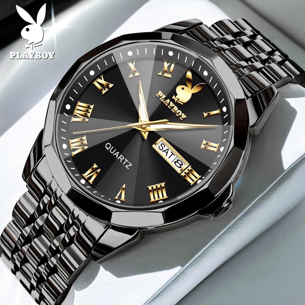 PLAYBOY นาฬิกา ผู้ชาย แฟชั่น watch 100% แท้ นาฬิกาข้อมือกันน้ําได้ ควอตซ์ สายสเตนเลส แสงสว่าง 3502-H