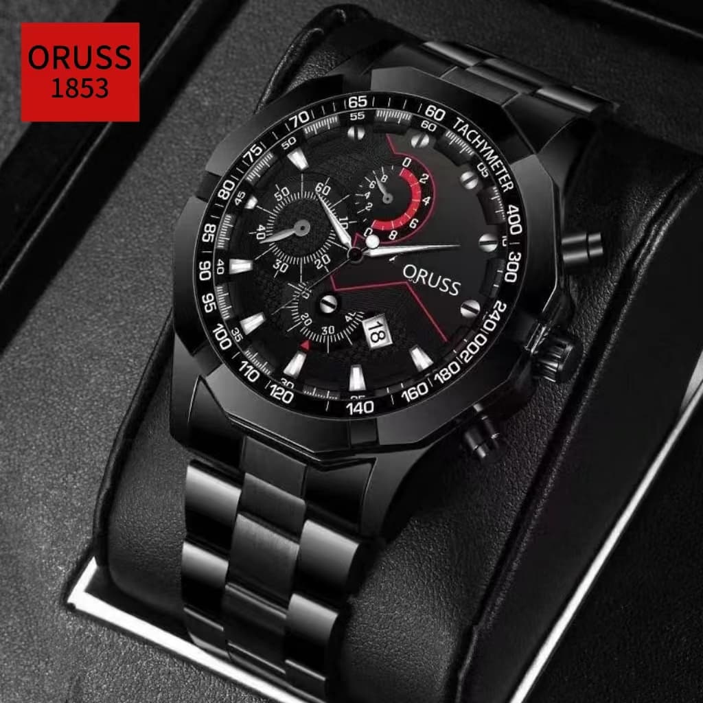 ORUSS รัส ต้นฉบับหรูหราสแตนเลส/หนังผู้ชายปฏิทินกันน้ําเรืองแสงแฟชั่นนาฬิกาผู้ชายกีฬาสีดําธุรกิจนาฬิกาควอตซ์