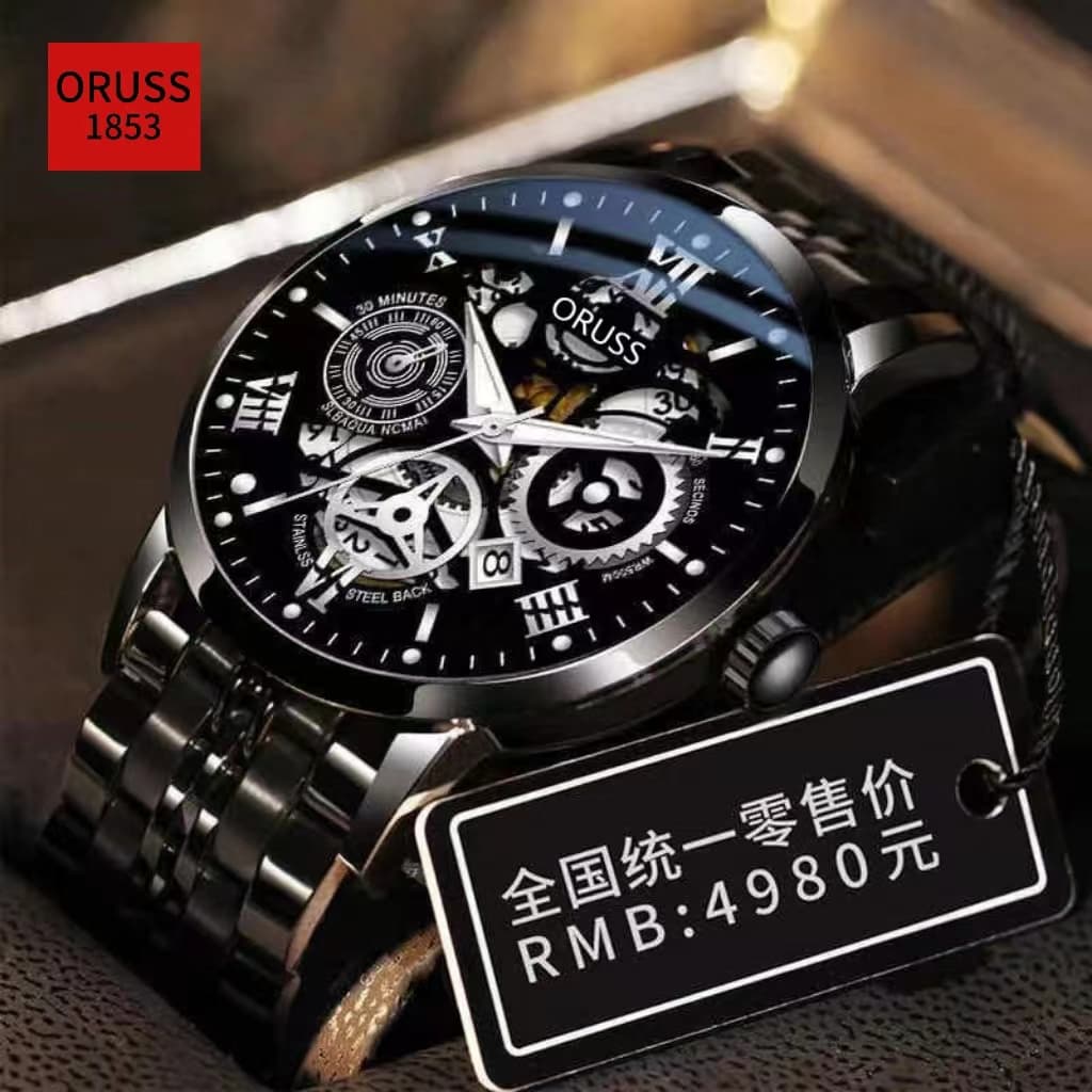 ORUSS รัส เดิมสแตนเลสกลวงสีดําหรูหรากันน้ําแฟชั่นนาฬิกาผู้ชายธุรกิจปฏิทินเรืองแสงเวอร์ชั่นเกาหลีควอตซ์นาฬิกาสว…