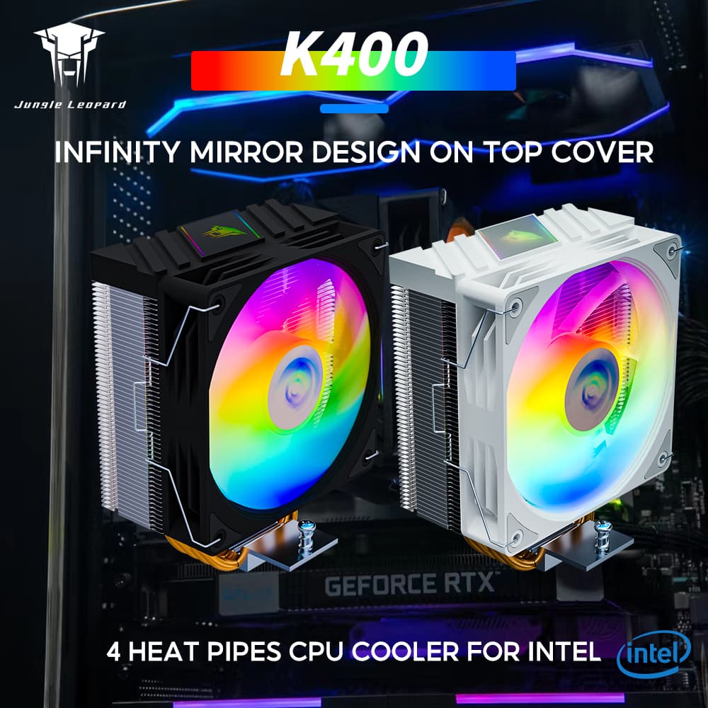 Jungle Leopard K400 CPU Cooler สีดํา/สีขาว 4 ท่อความร้อน 120 มม.พัดลม CPU 4PIN PWM สี LED ฝาครอบด้านบน…