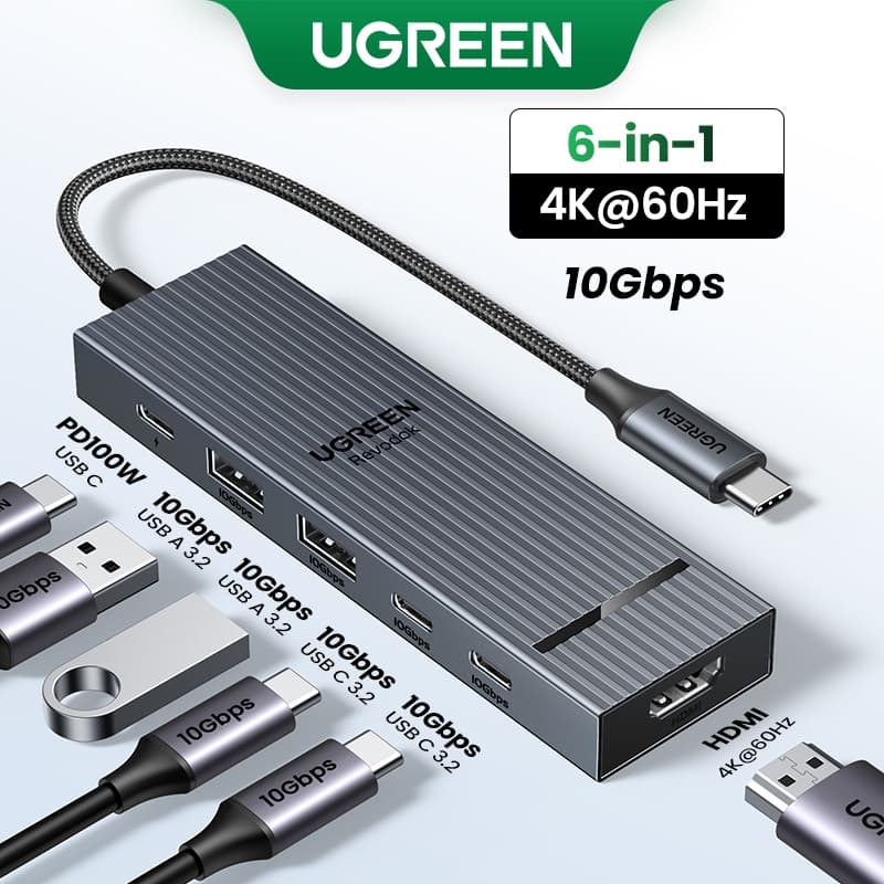 Ugreen 4K@60hz 6-IN-1USB-C Multi-function Docking Station USB3.2 Gen2 10Gbps สําหรับ iPad Air M2 11 "13 2024…