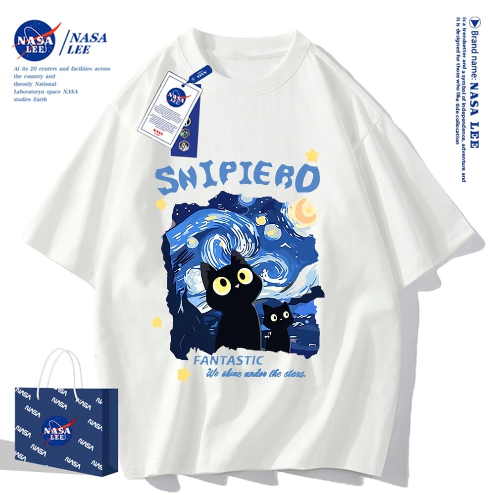 สินค้าพร้อมส่ง Nasa Co-Branded 2024 ฤดูร้อนสไตล์ใหม่ผ้าฝ้ายแท้ผู้ชายผู้หญิงเสื้อยืดแขนสั้นระบายอากาศหลวม