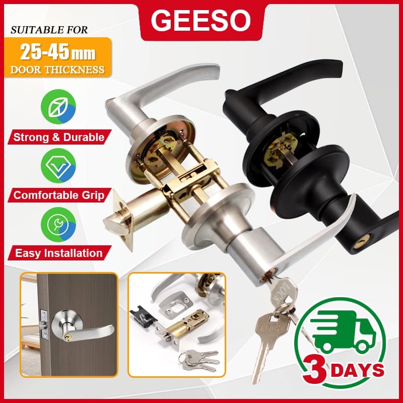 GEESO ลูกบิดก้านโยก ลูกบิดเขาควาย ก้านโยกเปิด-ปิดประตู พร้อมล็อคในตัว กุญแจ 3ดอก อุปกรณ์ที่ล็อคประตู สแตนเลส…