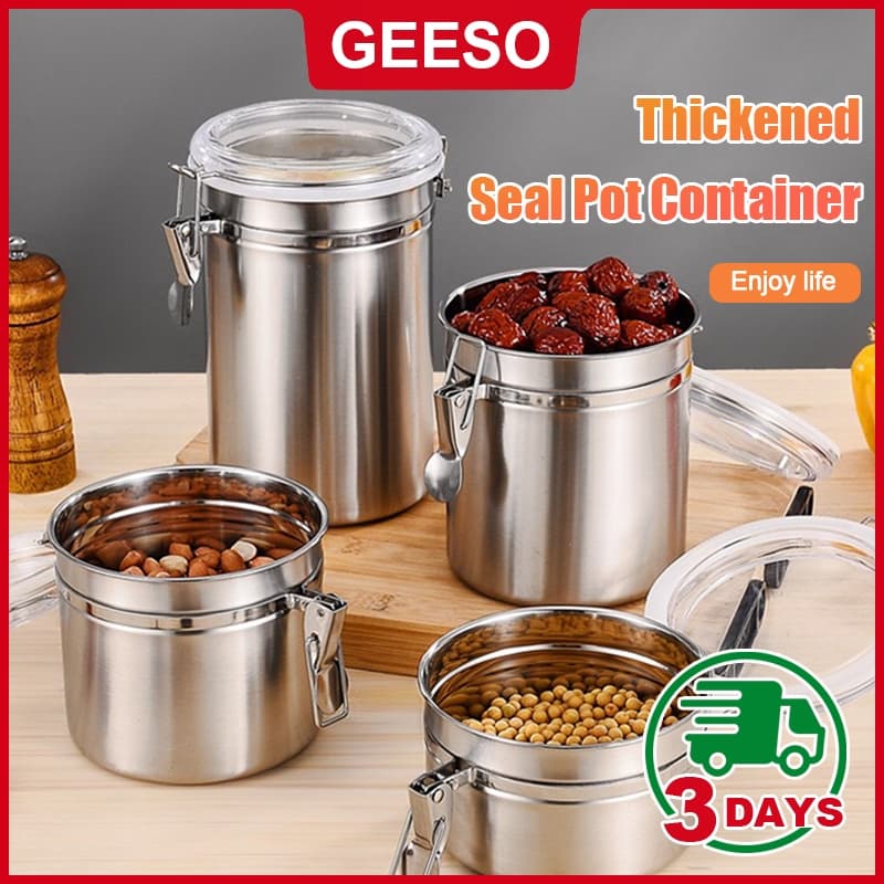 GEESO กระปุกสเตนเลส เก็บเมล็ดกาแฟ นมผง ชา ยาสูบ ให้ความชุ่มชื้น Stainless Steel Food Storage Container 550ML…