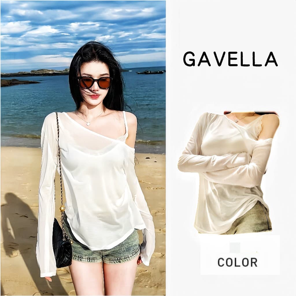 GAVELLAพร้อมส่ง เสื้อยืดแขนยาวสีขาวโอเวอร์ไซส์ oversized เสื้อไปทะเล ชุดป้องกันแสงแดดของผู้หญิงเกาหลี แฟชั่น