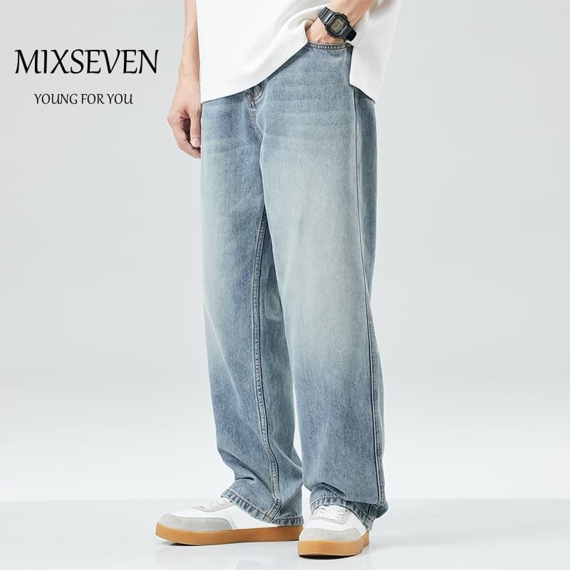 MIXSEVEN พร้อมส่ง กางเกงยีนส์ผู้ชาย loose jeans ยีนส์ขากระบอก กางเกงยีนขายาว ยีนส์ ทรงหลวม baggy jeans ฟ้า…