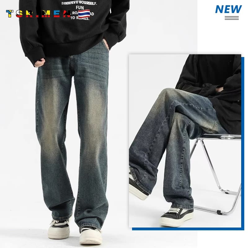 TSR.Men กางเกงยีนส์ผู้ชาย สไตล์เรโทร ยีนส์ขากระบอก ซักในน้ํา กางเกง baggy jeans เรียบง่าย สไตล์เกาหลี…