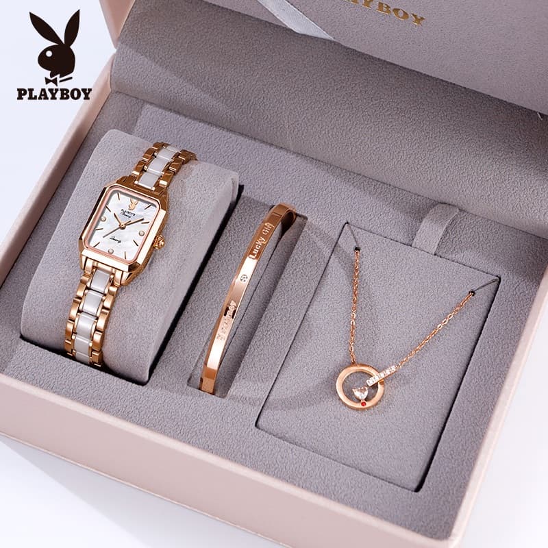 PLAYBOY ชุดนาฬิกาข้อมือ กันน้ํา 100% สเตนเลส สร้อยคอ สายเซรามิค กําไล ของขวัญวันวาเลนไทน์ สําหรับผู้หญิง 2050