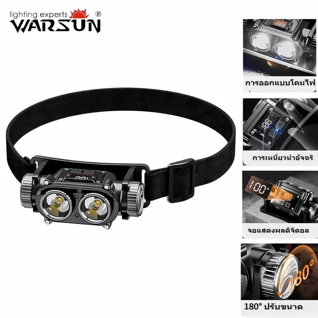 Warsun 106 ไฟฉายคาดหัว 2 หัว USB-C เซ็นเซอร์ กันน้ํา หน้าจอดิจิตอล สําหรับแคมป์ปิ้ง เดินป่า ฉุกเฉิน
