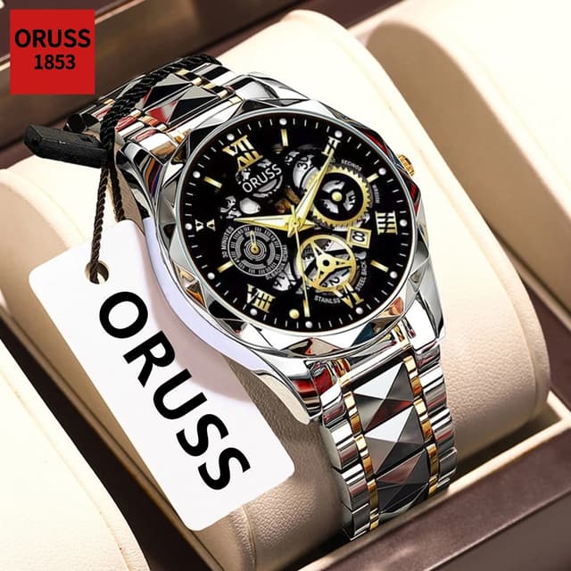 ORUSS รัส ต้นฉบับชายหรูหราอารมณ์สแตนเลสปฏิทินส่องสว่างกันน้ํานาฬิกาแฟชั่นธุรกิจเกาหลีนาฬิกาข้อมือควอตซ์