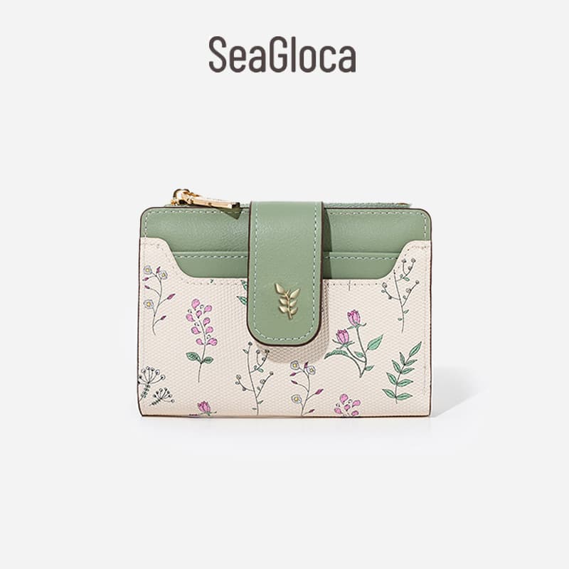 Seagloca ใหม่แฟชั่น Niche Simple คลาสสิกพิมพ์ดอกไม้ซิปสด Bifold กระเป๋าสตางค์สั้นสําหรับผู้หญิงไม่มี 1845