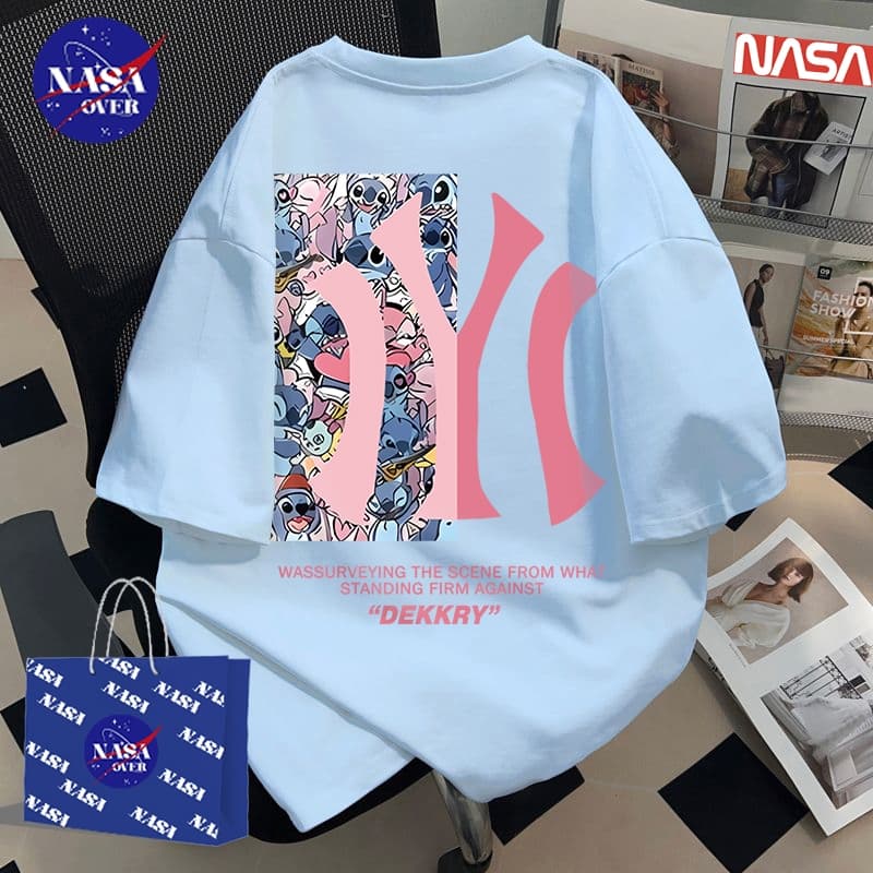 NASA ผ้าฝ้ายแท้ คอกลม แขนสั้น ทรงโอเวอร์ไซส์ ลายตัวอักษรสีชมพู🌃ใส่ได้ทั้งชายหญิง เสื้อยืดYG1017