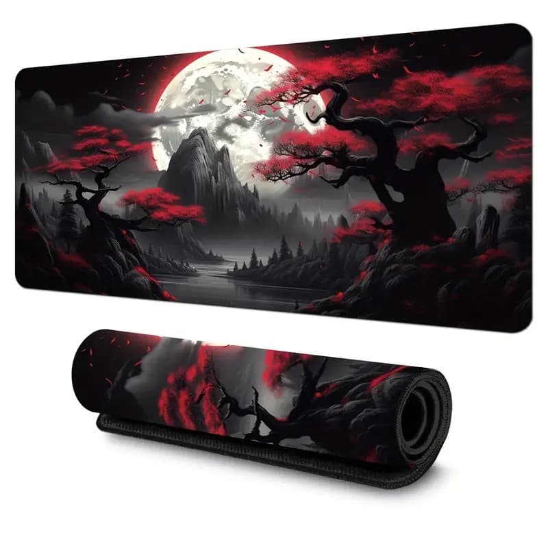 Lunar Eclipse สําหรับเล่นเกม แผ่นรองเมาส์ แบบหมึก วิวภูเขา ขอบเย็บ แผ่นรองโต๊ะ ที่รองเมาส์ 80 / 90 / 100 ซม.