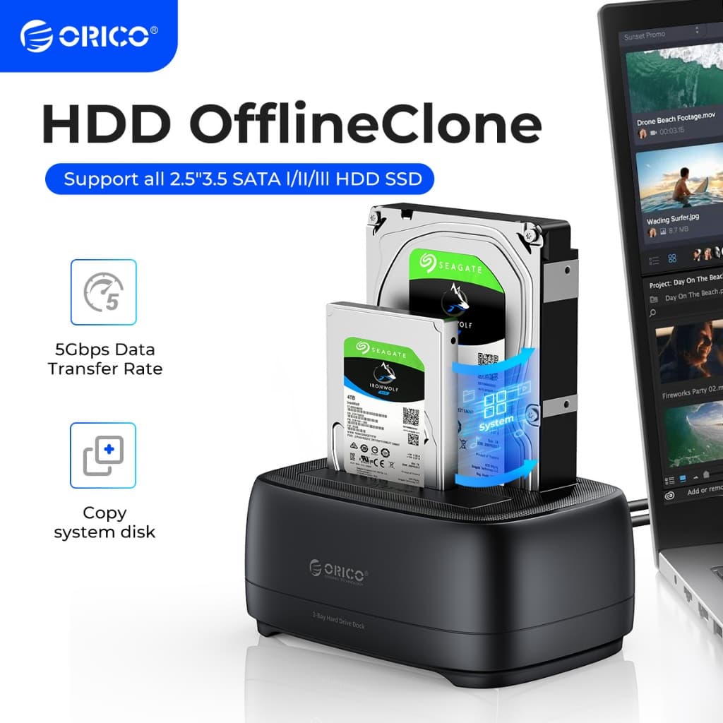 ORICO Dual-Bay HDD Docking Station with Offline Clone Function SATA to USB 3.0 Adapter สําหรับ 2.5 "/3.5"…
