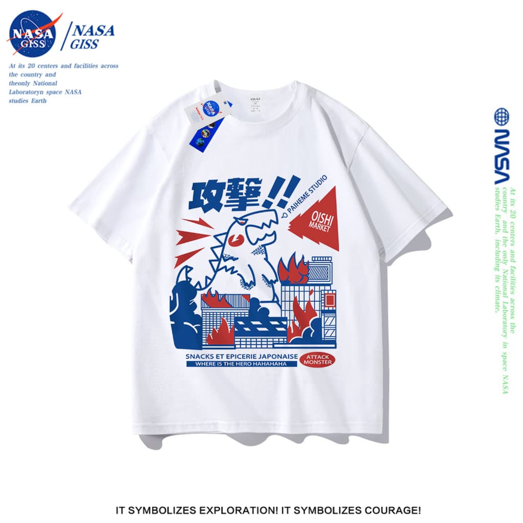 NASA เสื้อยืดชายหญิงแขนสั้น สตรีทฮิปฮอป summer สัตว์ประหลาด พิมพ์ลาย คอตตอน คอกลม หลวมและระบายอากาศ