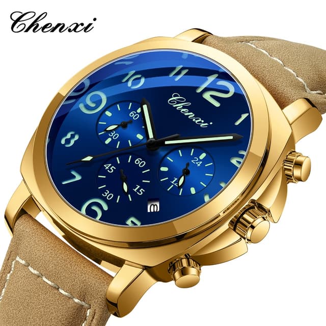 Man Watch Leather Chronograph Luminous นาฬิกากันน้ํานาฬิกาข้อมือควอตซ์ของขวัญวันพ่อ