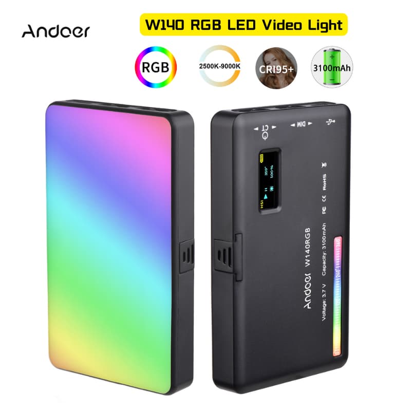 Andoer W140 ไฟวิดีโอ LED RGB แบบชาร์จไฟ เติมแสง CRI95+ 2500K-9000K หรี่แสงได้ 20 เอฟเฟกต์แสง พร้อมอะแดปเตอร์…