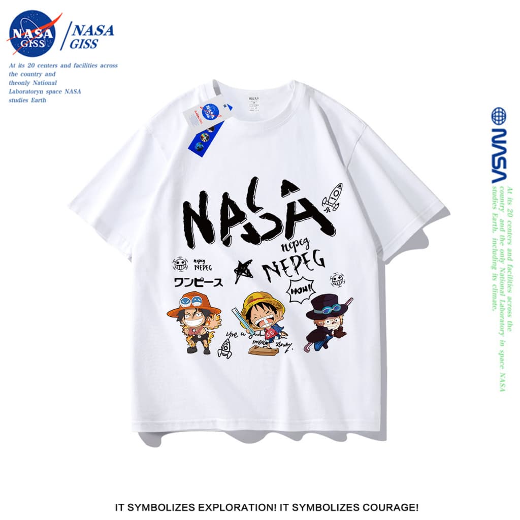 NASA เสื้อยืดชายหญิงแขนสั้น สตรีทฮิปฮอป summer nasaลูฟี่ พิมพ์ลาย คอตตอน คอกลม หลวมและระบายอากาศ