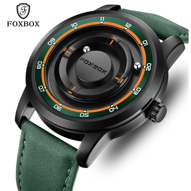 FOXBOX นาฬิกาแฟชั่นผู้ชายกันน้ํา กันน้ํา ตัวชี้การเลื่อนที่สร้างสรรค์ แรงแม่เหล็ก นาฬิกาผู้ชาย