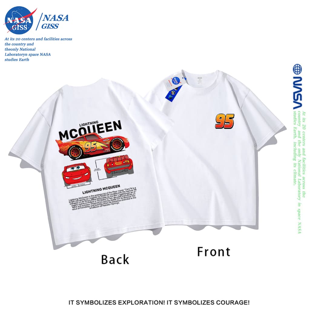 NASA เสื้อยืดชายหญิงแขนสั้น สตรีทฮิปฮอป summer ไลท์นิ่ง แม็คควีน พิมพ์ลาย คอตตอน คอกลม หลวมและระบายอากาศ