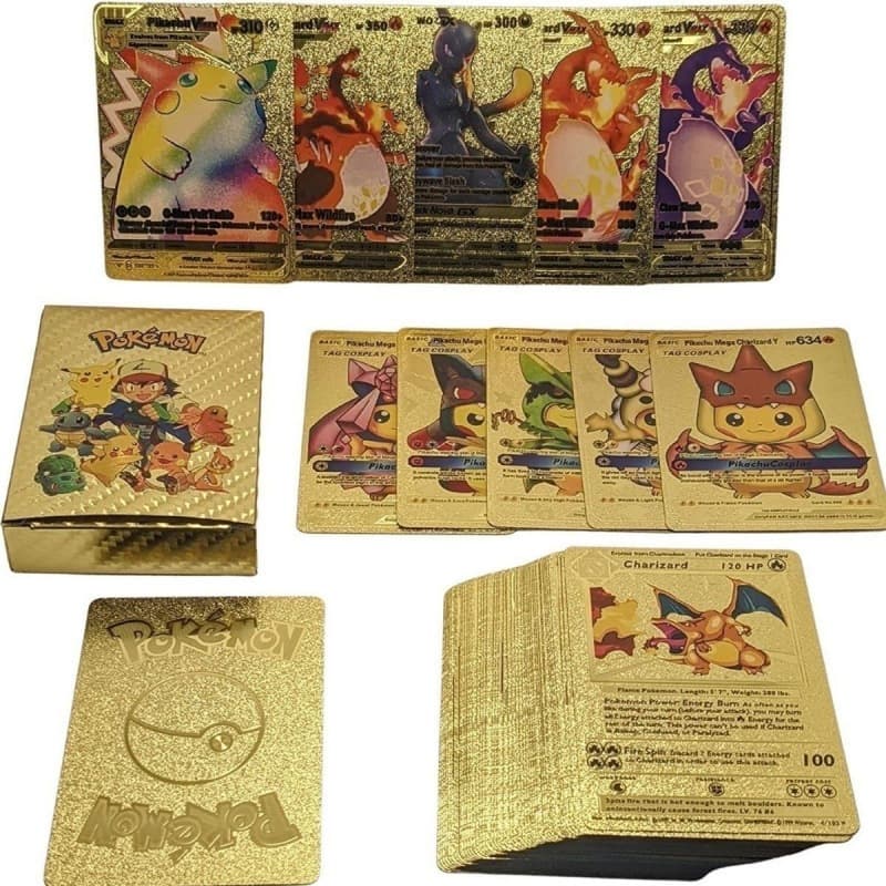 55 ชิ้นการ์ดโปเกมอนโลหะทองเงินสีดํา Vmax GX Energy Card Pikachu Charizard…