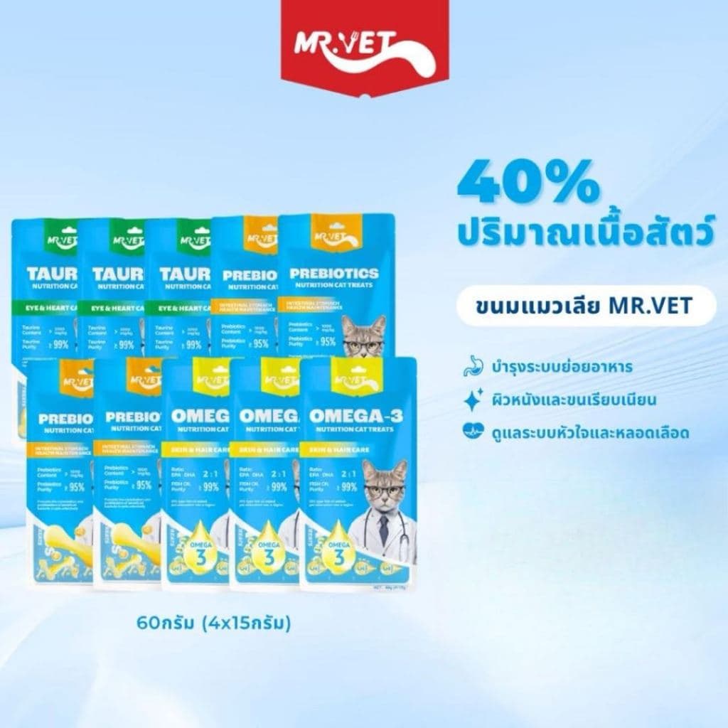 MR.VET ขนมแมวเลีย 1 แพ็ค 4 ซอง 60 กรัม สูตรไก่และตับไก่ เหมาะสําหรับแมวทุกช่วงวัย