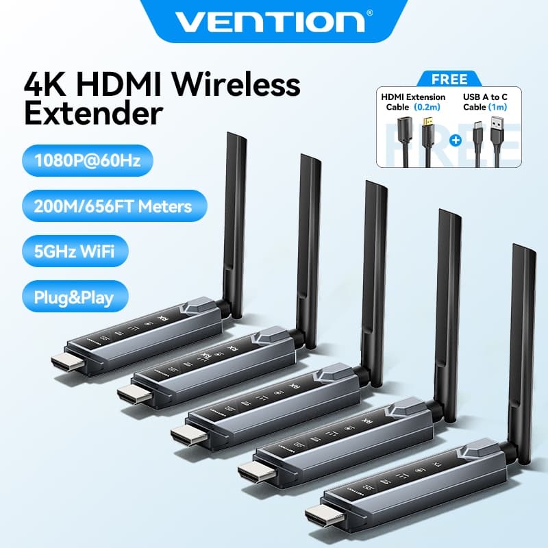 Vention ชุดขยายสัญญาณ HDMI ไร้สาย 4K 200 เมตร/657 ฟุต 5GHz Wi-Fi 1 ตัวส่งสัญญาณไปยัง 4 ตัวรับสําหรับทีวี…