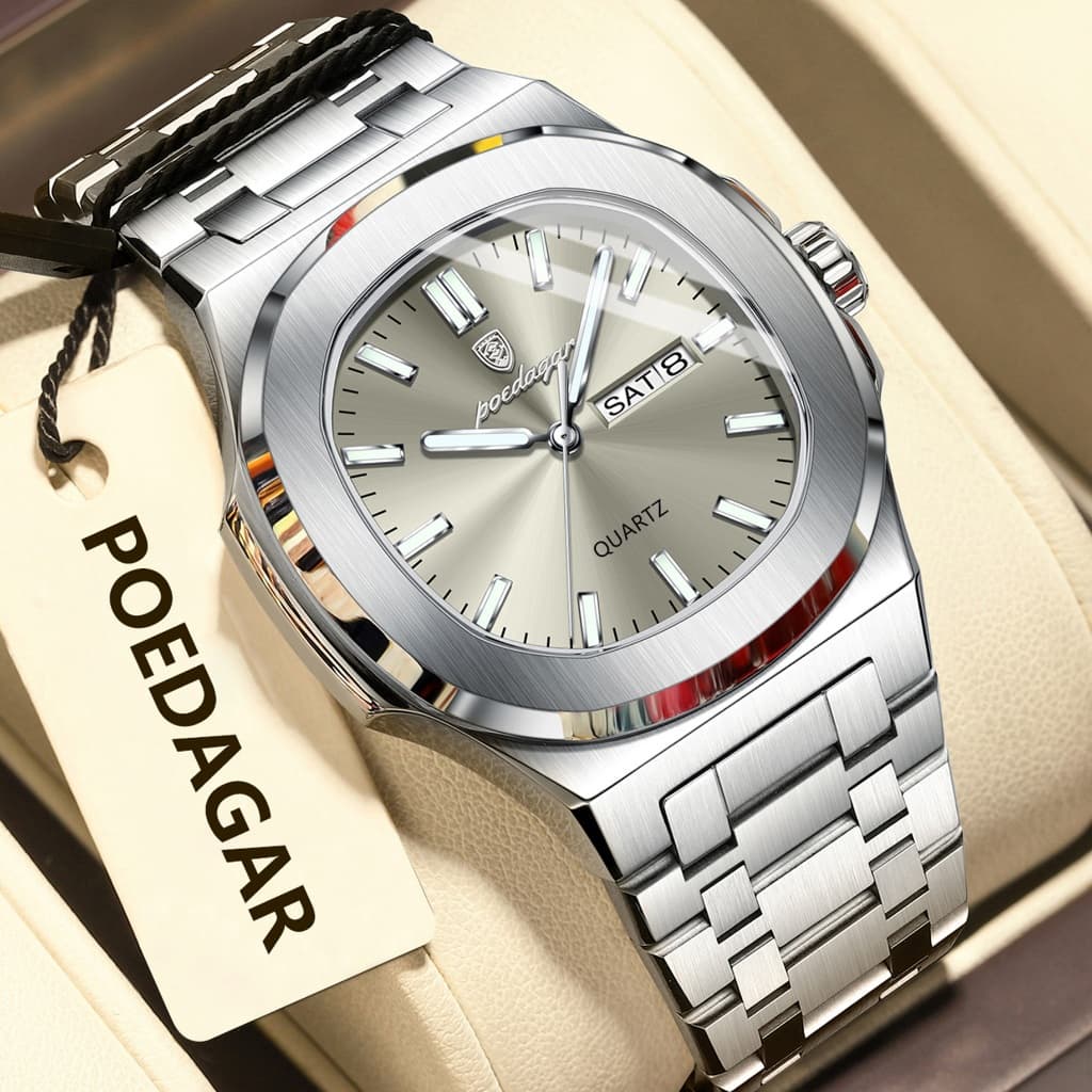 POEDAGAR Luxury Man นาฬิกาควอตซ์กันน้ํา Luminous วันที่สัปดาห์สแตนเลสผู้ชายนาฬิกาข้อมือทหารกีฬานาฬิกาผู้ชาย +…