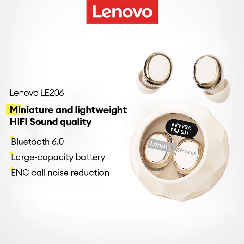 หูฟัง Lenovo LE206 TWS และหูฟังนอนหลับไร้สายพร้อมจอแสดงผลดิจิตอล LED และเสียงไฮไฟพร้อมการออกแบบเพชรสําหรับการน…