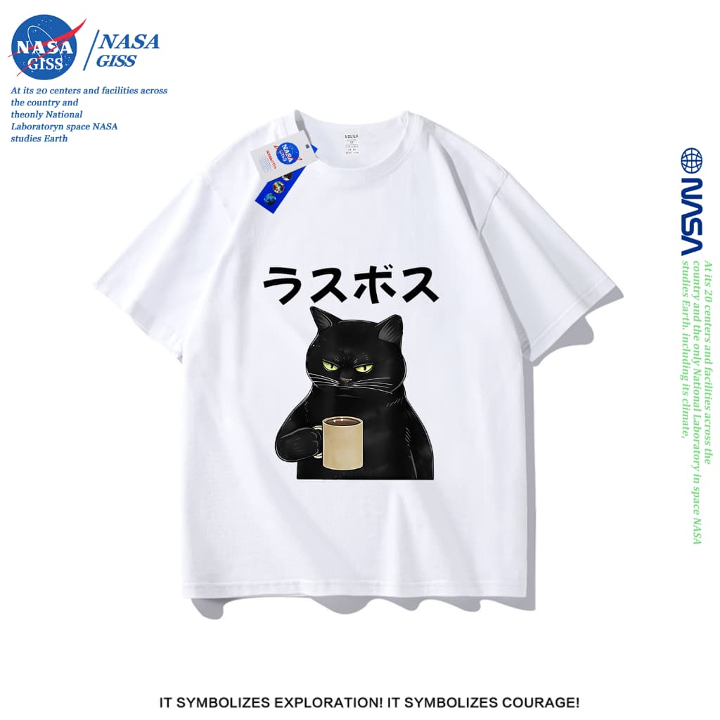 NASA เสื้อยืดชายหญิงแขนสั้น สตรีทฮิปฮอป summer แมวกําลังดื่มชา พิมพ์ลาย คอตตอน คอกลม หลวมและระบายอากาศ