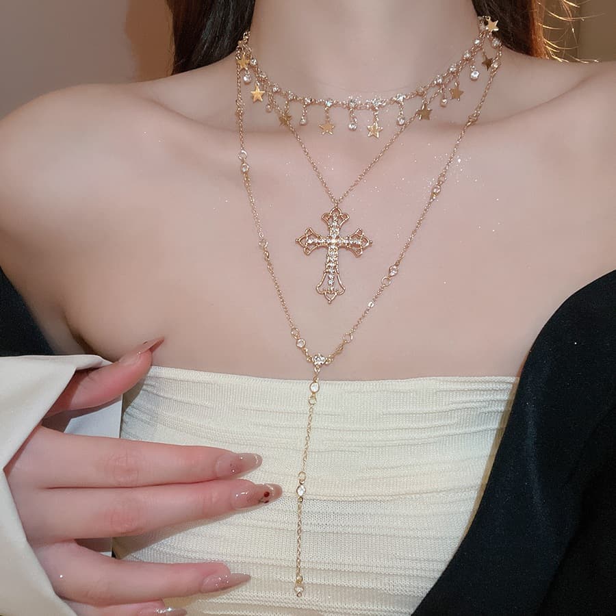 สร้อยคอ Cross Star แบบชั้นสําหรับผู้หญิง,โซ่หลายชั้นวินเทจอินเทรนด์พร้อม Dainty Star Choker & Cross จี้,…
