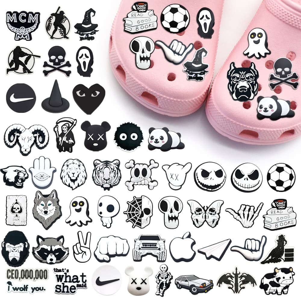 Charms DIY ประดับรองเท้าแตะ สไตล์การ์ตูนสีดําและสีขาว เหมาะสําหรับของขวัญเด็ก