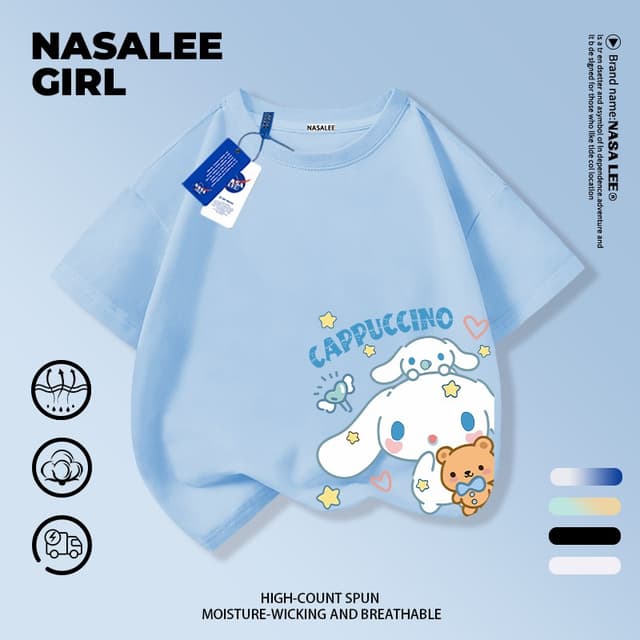 เสื้อยืดเด็ก NASA สีฟ้าอ่อน ผ้าฝ้ายระบายอากาศดี ลายคินาโคโรม (Cinnamoroll) สําหรับเด็กอายุ 3-16 ปี