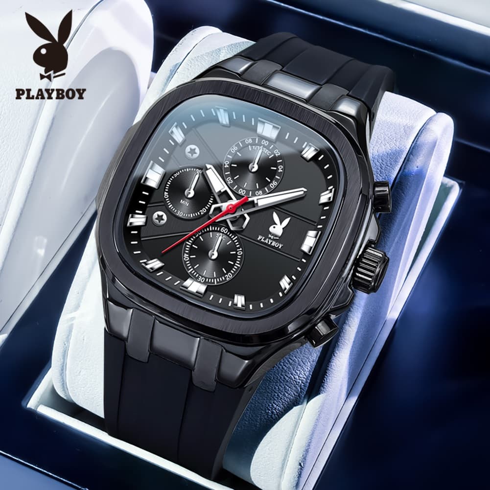 PLAYBOY นาฬิกาข้อมือชาย ของแท้ 100% ดีไซน์ทันสมัย ​​กันน้ํา มัลติฟังก์ชั่น เรืองแสง ปฏิทิน นาฬิกาควอตซ์ชาย…
